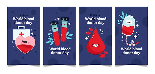 Raccolta di storie di instagram piatte per la giornata mondiale del donatore di sangue