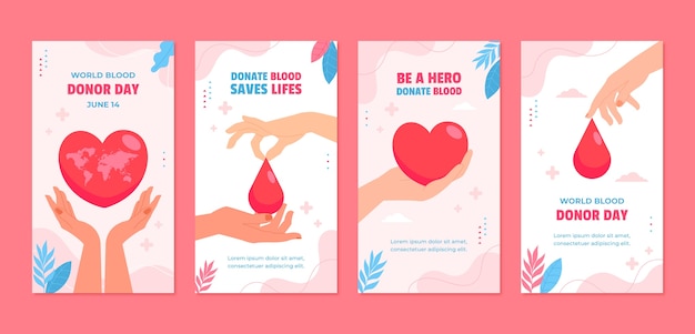 Raccolta di storie di instagram piatte per la giornata mondiale del donatore di sangue