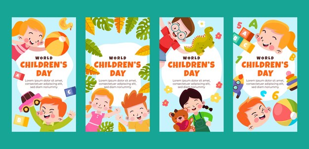 아이들이 놀고 있는 세계 어린이날 축하를 위한 플랫 인스타그램 스토리 컬렉션
