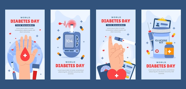 Raccolta di storie piatte su instagram per la consapevolezza della giornata mondiale del diabete