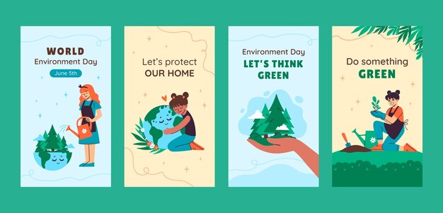 世界環境デーのお祝いのためのフラットなinstagramストーリーコレクション