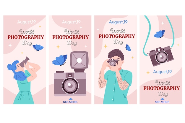 Flat instagram stories collection for world photography day celebration