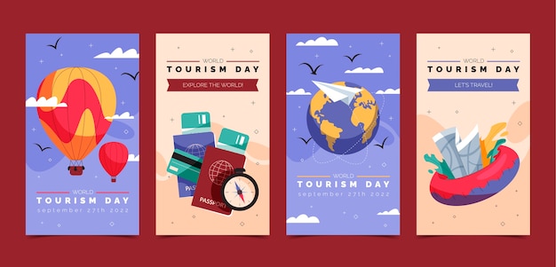 Raccolta di storie di instagram piatte per la celebrazione della giornata mondiale del turismo