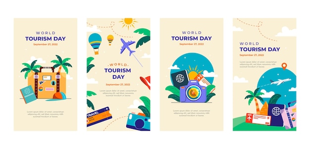 Raccolta di storie di instagram piatte per la celebrazione della giornata mondiale del turismo