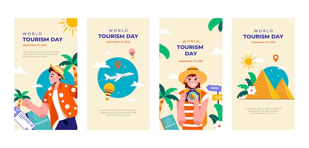 Коллекция плоских историй instagram для празднования всемирного дня туризма