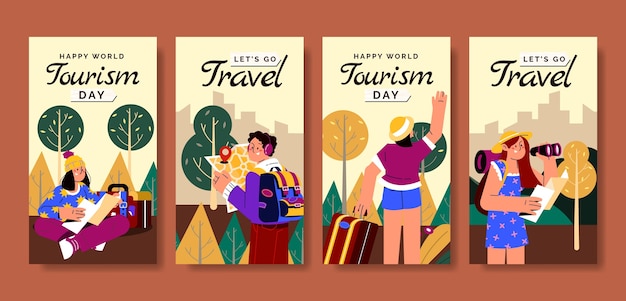 세계 관광의 날 축하를 위한 플랫 인스타그램 스토리 컬렉션