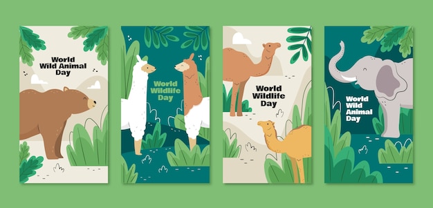 Vettore gratuito raccolta di storie di instagram piatte per la giornata mondiale della fauna selvatica con flora e fauna