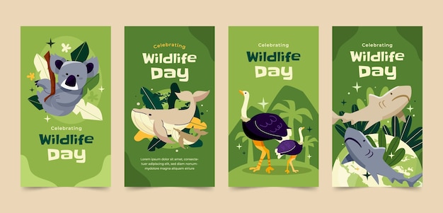 Flat instagram stories collection for world wildlife day with flora and fauna