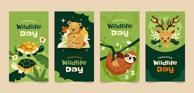 Free vector flat instagram stories collection for world wildlife day with flora and fauna