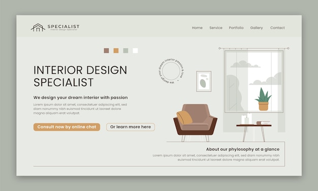 Бесплатное векторное изображение Плоский дизайн интерьера и шаблон целевой страницы домашнего декора
