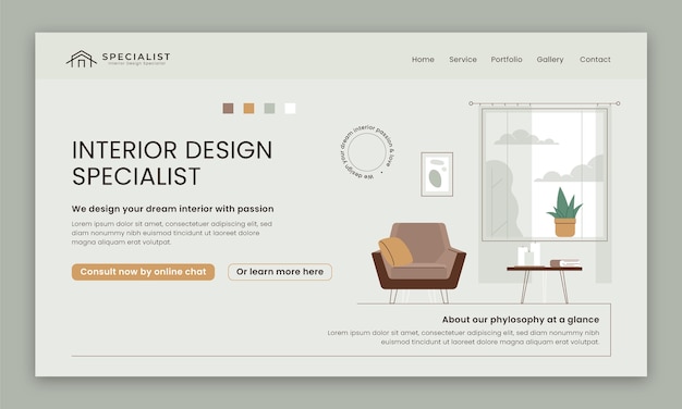 無料ベクター フラットなインテリア デザインと家の装飾のランディング ページ テンプレート