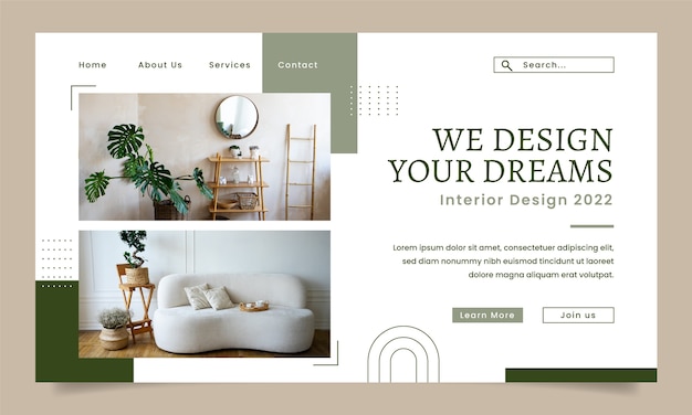無料ベクター フラットなインテリア デザインと家の装飾のランディング ページ テンプレート