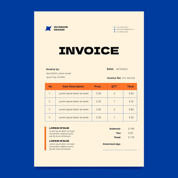 Free vector flat interior design company invoice template