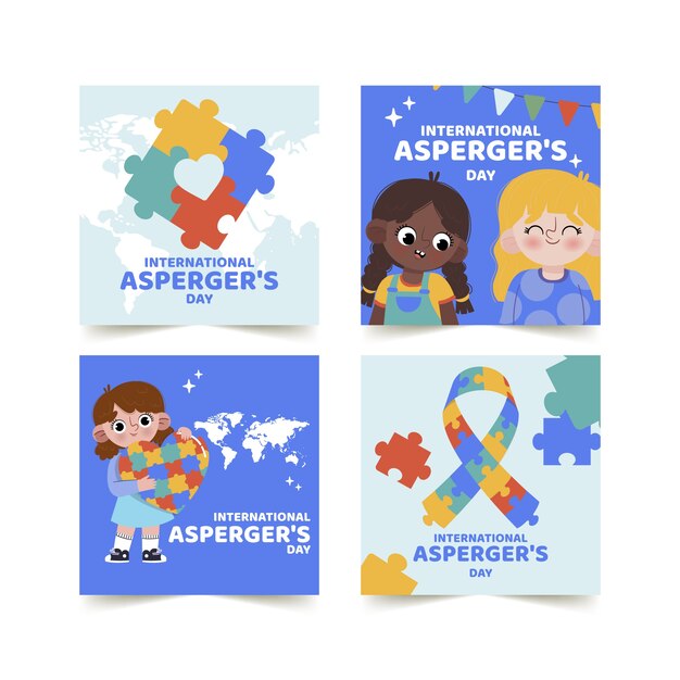 Free vector flat international asperger day instagram posts collection