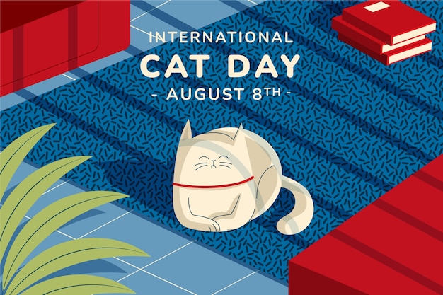 Flat international cat day background with cat and books