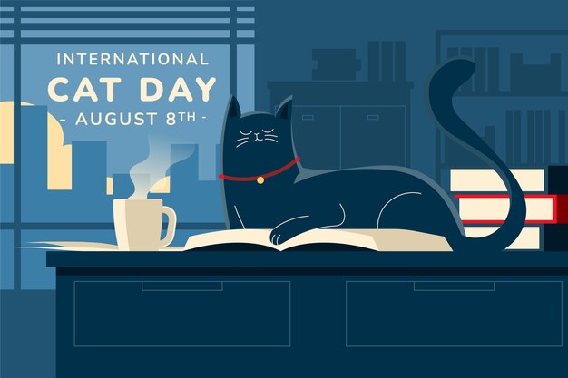 책상 위에 고양이가 있는 평평한 국제 고양이의 날 배경