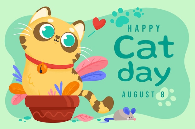 Плоский международный день кошек с кошкой и мышкой