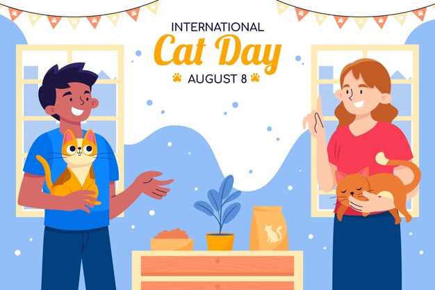 flat international cat day background with cat owners