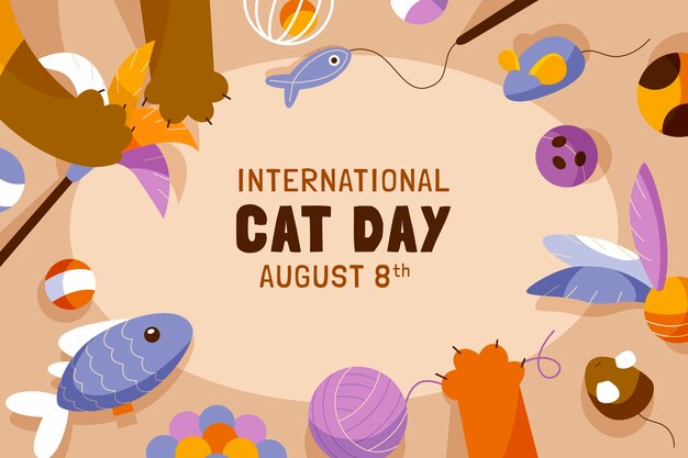 Flat international cat day background with cat paws