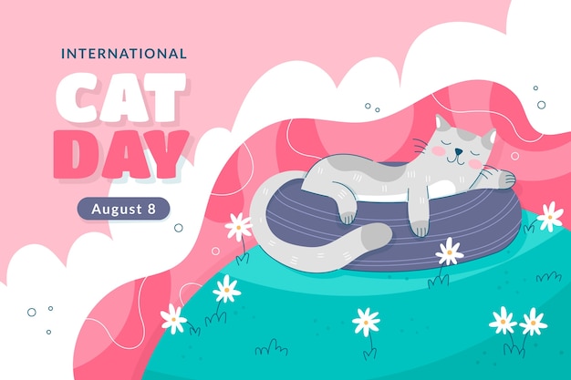 Flat international cat day background with cat sleeping