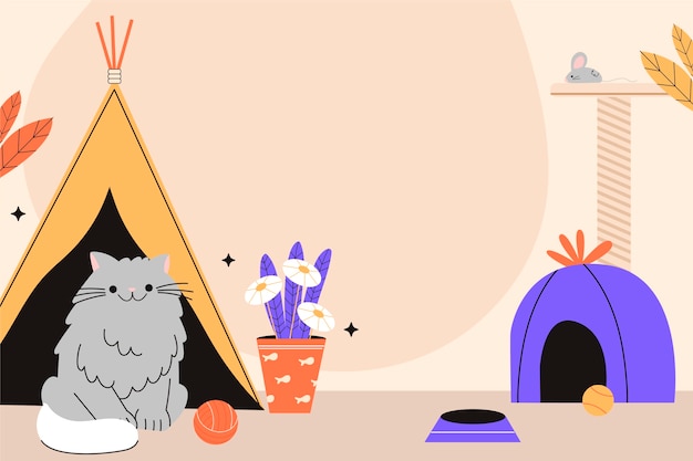 Flat international cat day background with cat and tents