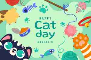 Vettore gratuito sfondo piatto giornata internazionale del gatto con gatto e giocattoli
