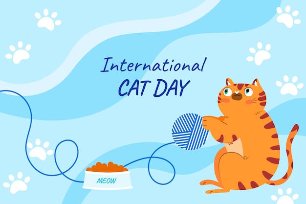 Flat international cat day background with cat and yarn