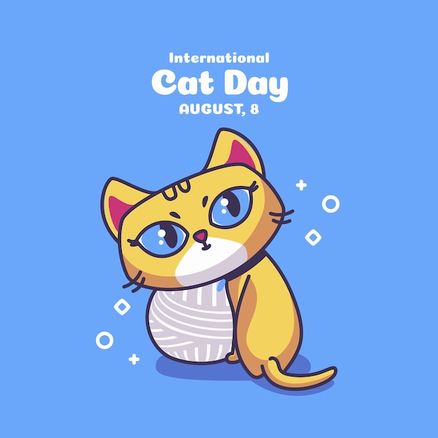 Плоский международный день кошек фон с кошкой и пряжей
