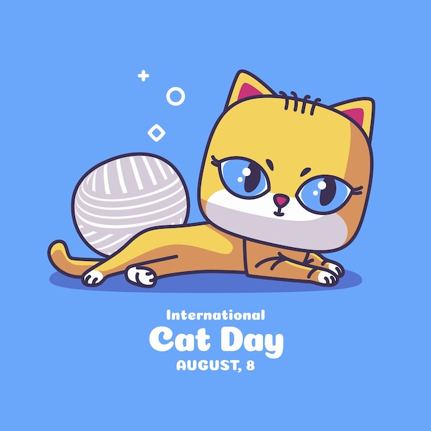 Free vector flat international cat day background with cat and yarn