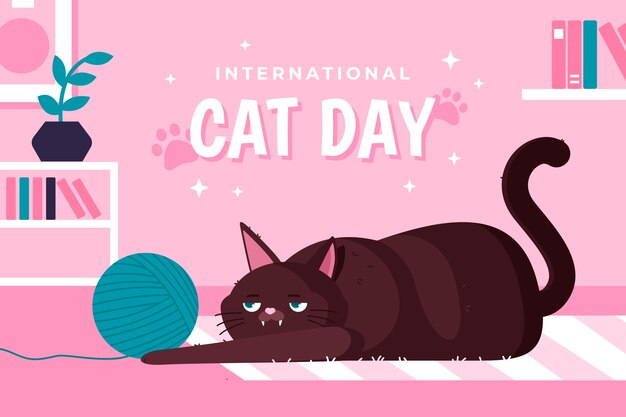 猫と毛糸でフラットな国際猫の日の背景