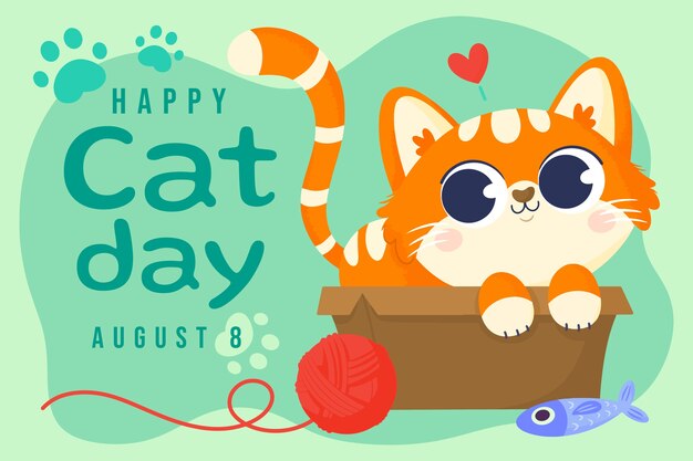 Flat international cat day background with cat and yarn