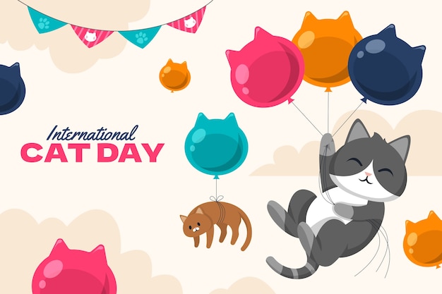 Плоский международный день кошек фон с кошками и воздушными шарами