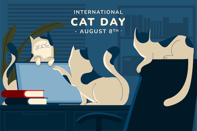 Free vector flat international cat day background with cats on desk