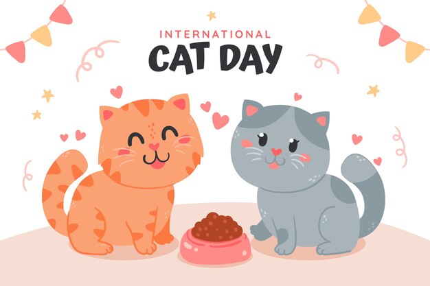 Flat international cat day background with cats and food