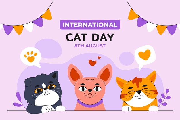 Flat international cat day background with cats and god