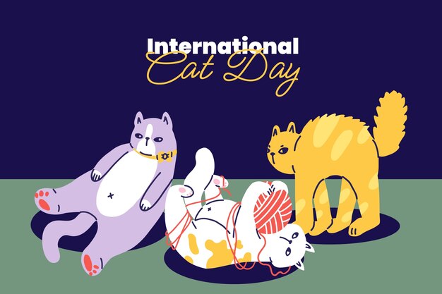 Flat international cat day background with cats playing