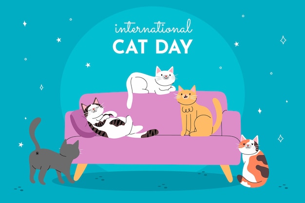 Free vector flat international cat day background with cats on sofa