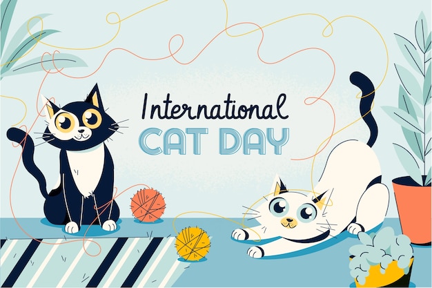 고양이와 털실이 있는 평평한 국제 고양이의 날 배경