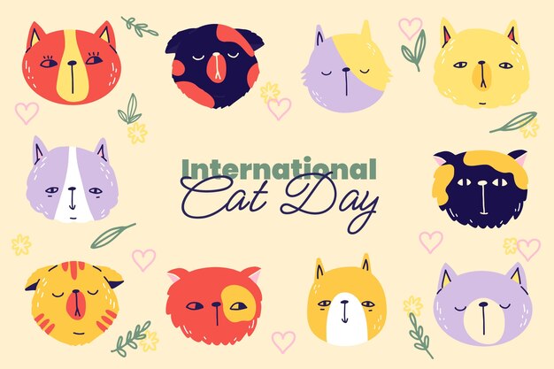 Flat international cat day background with cats