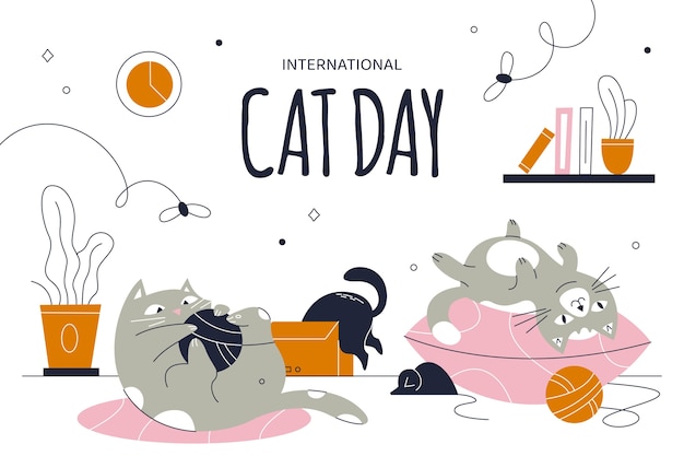 Fondo piatto giorno internazionale del gatto con i gatti