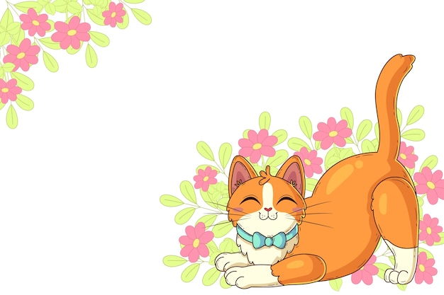 Free vector flat international cat day background with cute cat and flowers