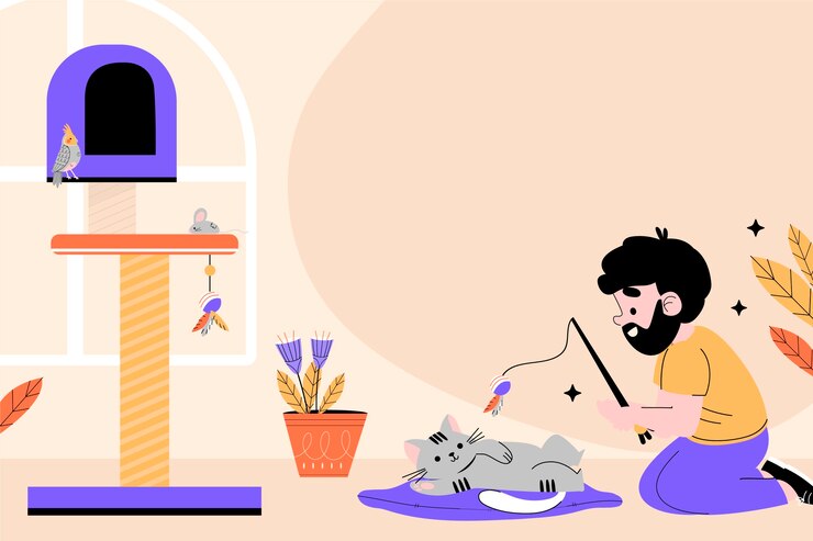 Free Vector flat international cat day background with man playing with cat