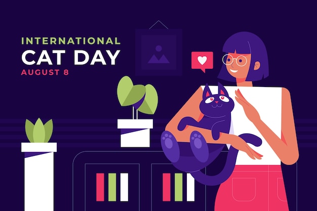 Flat international cat day background with woman holding cat