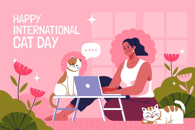 Flat international cat day background with woman working and cat