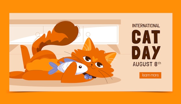 Бесплатное векторное изображение Плоский шаблон горизонтального баннера международного дня кошек с кошкой и рыбой
