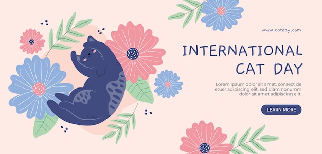 Плоский шаблон горизонтального баннера международного дня кошек с кошкой и цветами