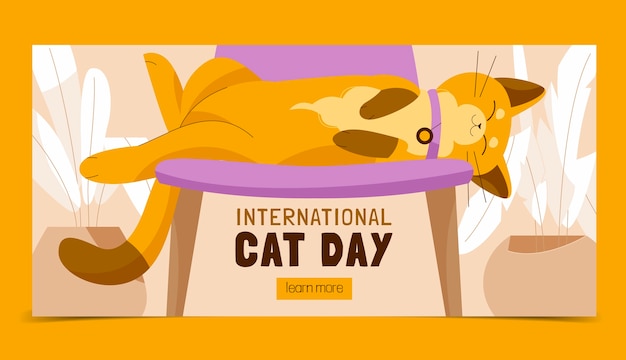 Flat international cat day horizontal banner template with cat on chair