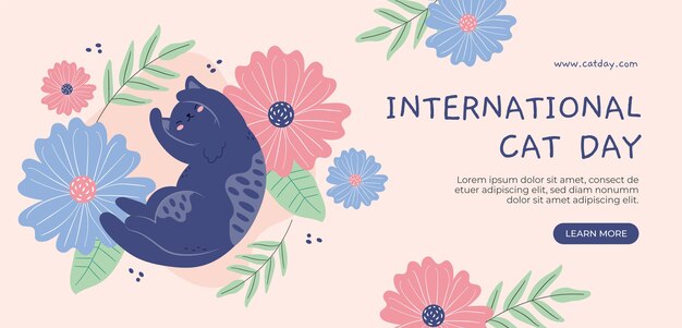 Flat international cat day horizontal banner template with cat and flowers