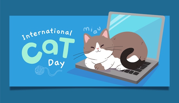 Modello di banner orizzontale piatto giornata internazionale del gatto con gatto sul computer portatile