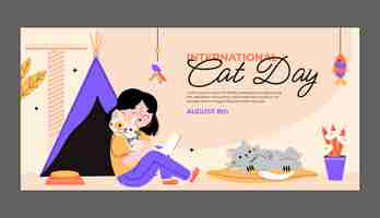 Бесплатное векторное изображение Плоский шаблон горизонтального баннера международного дня кошек с владельцем кошки и палаткой